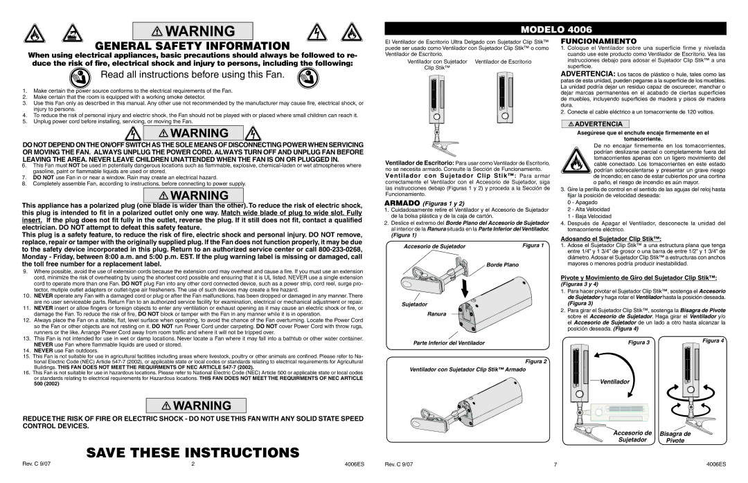 Lasko 4006 manual General Safety Information, Read all instructions before using this Fan, Funcionamiento 