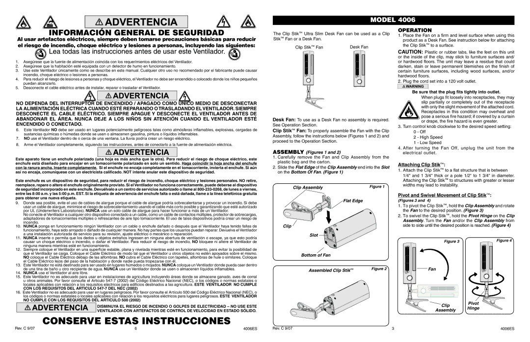 Lasko 4006 manual Conserve Estas Instrucciones, Información General DE Seguridad, Operation 