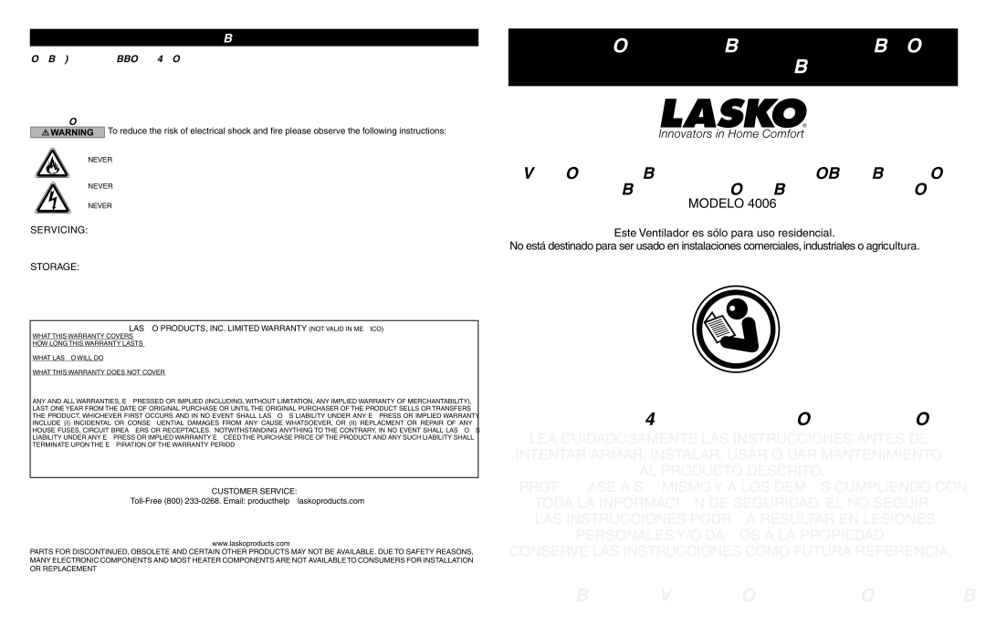 Lasko 4006 manual Instrucciones Importantes Manual DE Operación, LEA Y Guarde Estas Instrucciones, Trouble Shooting Tips 