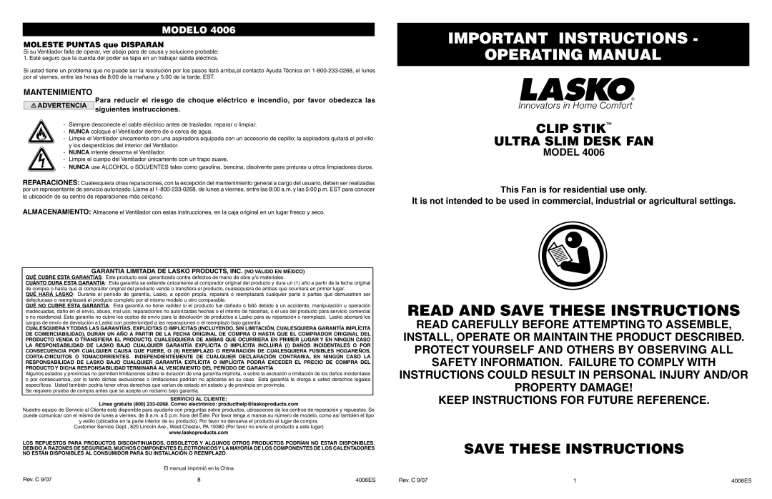 Lasko 4006 manual Important Instructions Operating Manual, Save These Instructions, Clip Stik Ultra Slim Desk Fan, Model 
