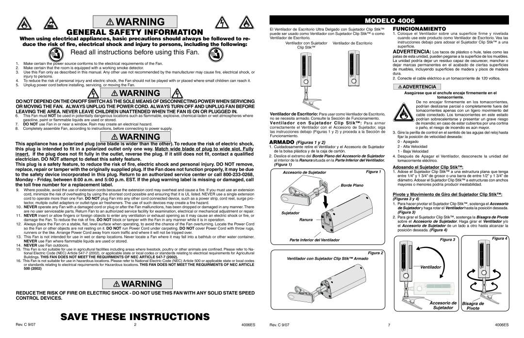 Lasko 4006 manual Save These Instructions, General Safety Information, Read all instructions before using this Fan, Modelo 