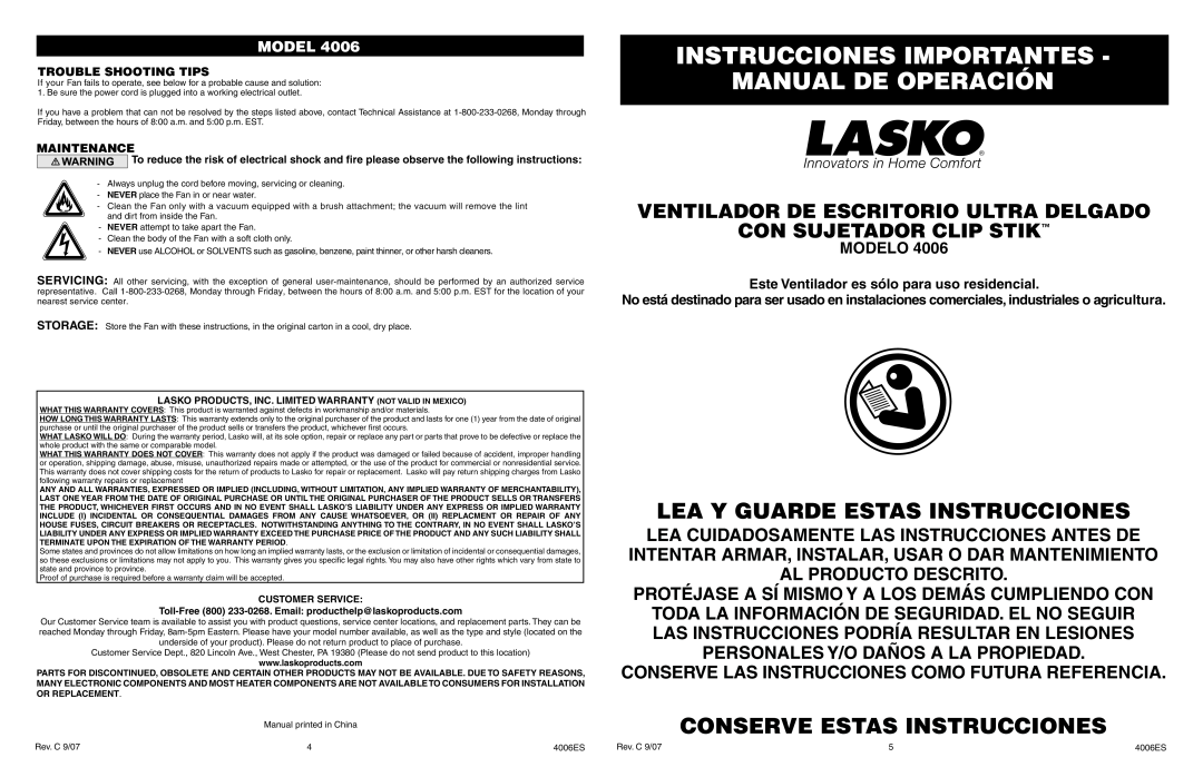 Lasko 4006 Instrucciones Importantes Manual De Operación, Lea Y Guarde Estas Instrucciones, Conserve Estas Instrucciones 