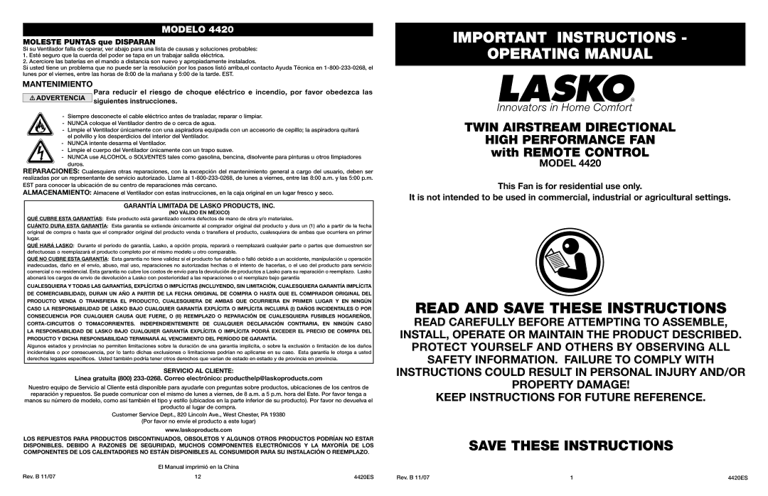 Lasko 4420 manual Important Instructions Operating Manual, Twin Airstream Directional, Moleste Puntas que Disparan 