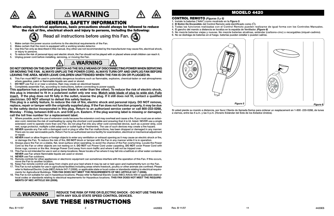 Lasko 4420 manual General Safety Information, Read all instructions before using this Fan, Control Remoto Figuras 5 y 