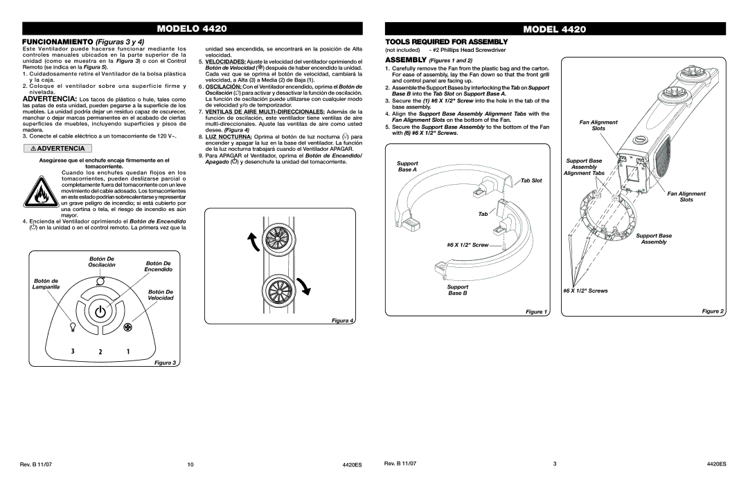 Lasko 4420 manual Funcionamiento Figuras 3 y, Tools Required for Assembly 