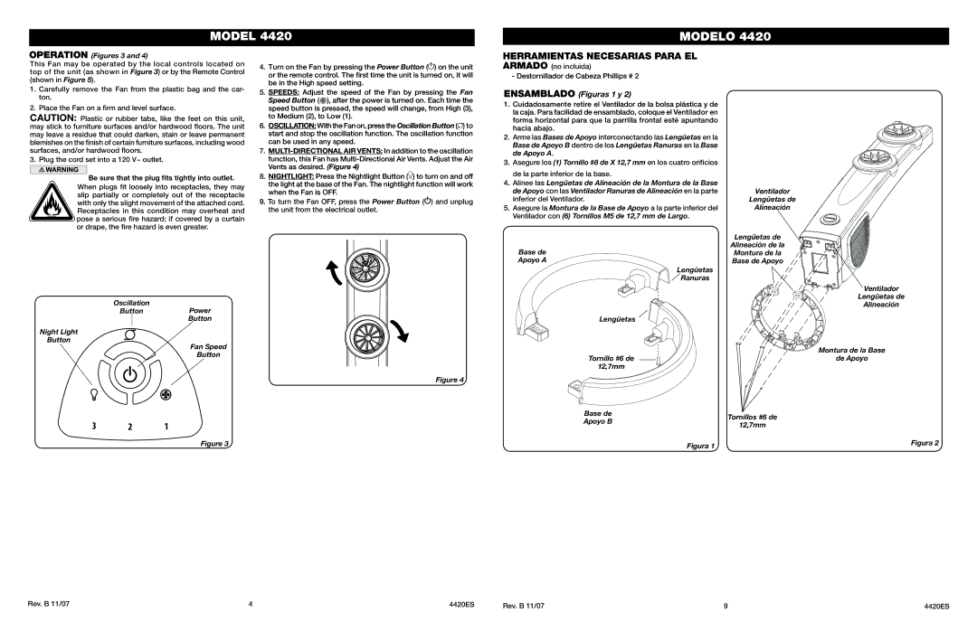 Lasko 4420 manual Herramientas Necesarias Para EL, Ensamblado Figuras 1 y, Operation Figures 3 