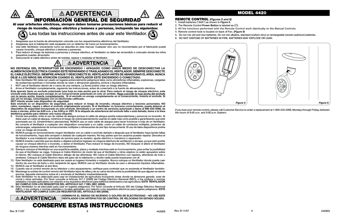 Lasko 4420 manual Conserve Estas Instrucciones, Información General DE Seguridad, Remote Control Figures 5 