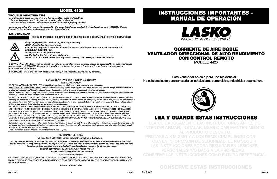 Lasko 4420 manual Instrucciones Importantes Manual DE Operación, LEA Y Guarde Estas Instrucciones, Corriente DE Aire Doble 