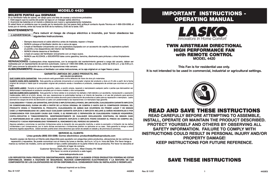 Lasko 4420 manual Important Instructions Operating Manual, Read And Save These Instructions, Modelo, Mantenimiento 