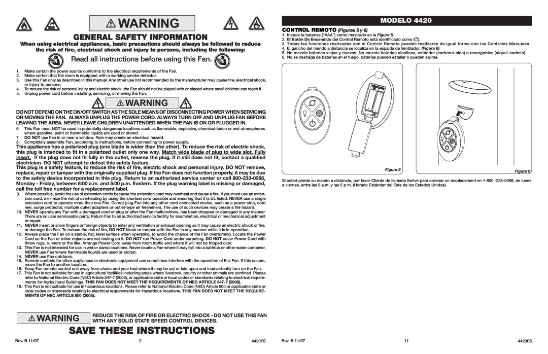 Lasko 4420 Save These Instructions, General Safety Information, Read all instructions before using this Fan, Modelo 