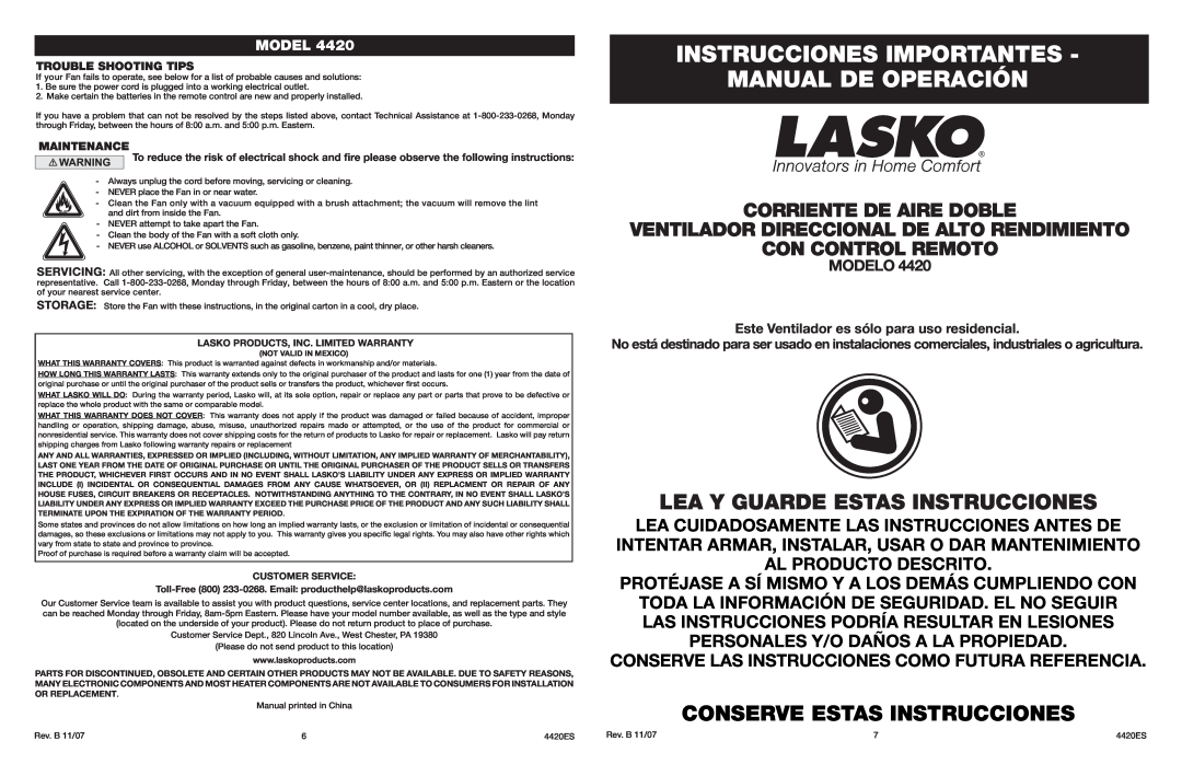 Lasko 4420 manual Instrucciones Importantes Manual De Operación, Lea Y Guarde Estas Instrucciones, con CONTROL REMOTO 