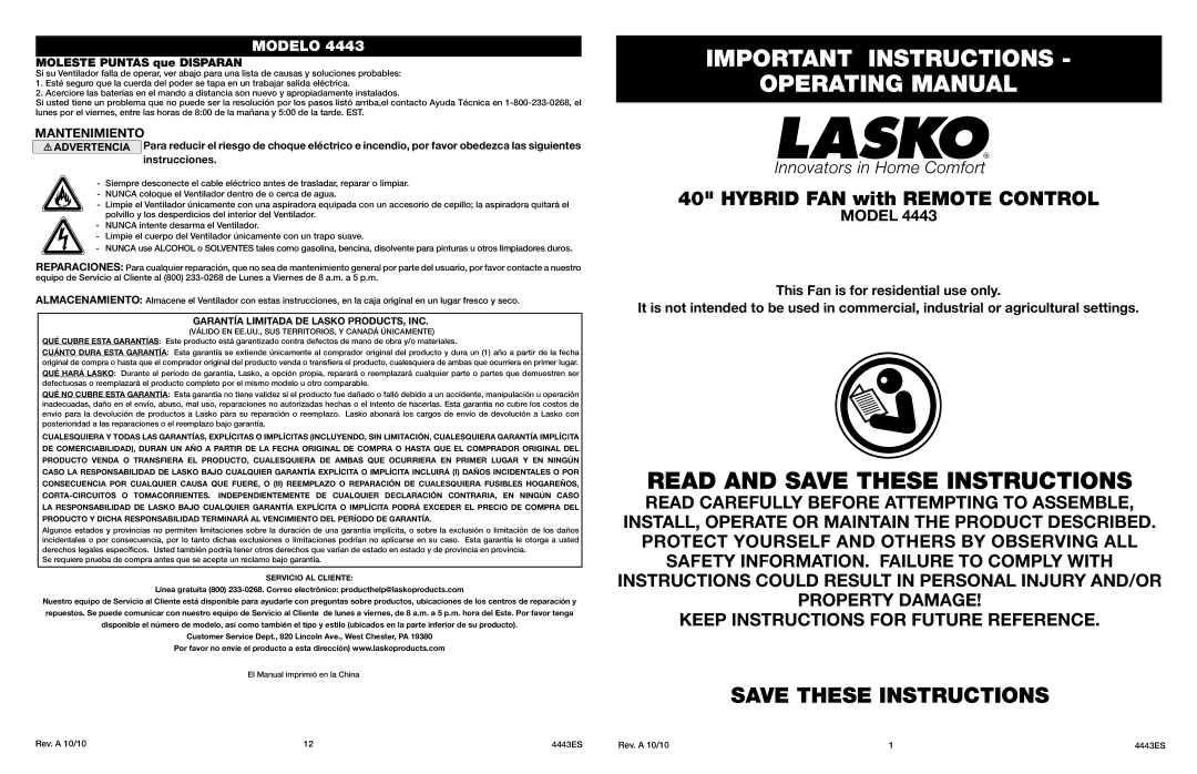 Lasko 4443 manual Important Instructions Operating Manual, Hybrid FAN with Remote Control, Moleste Puntas que Disparan 