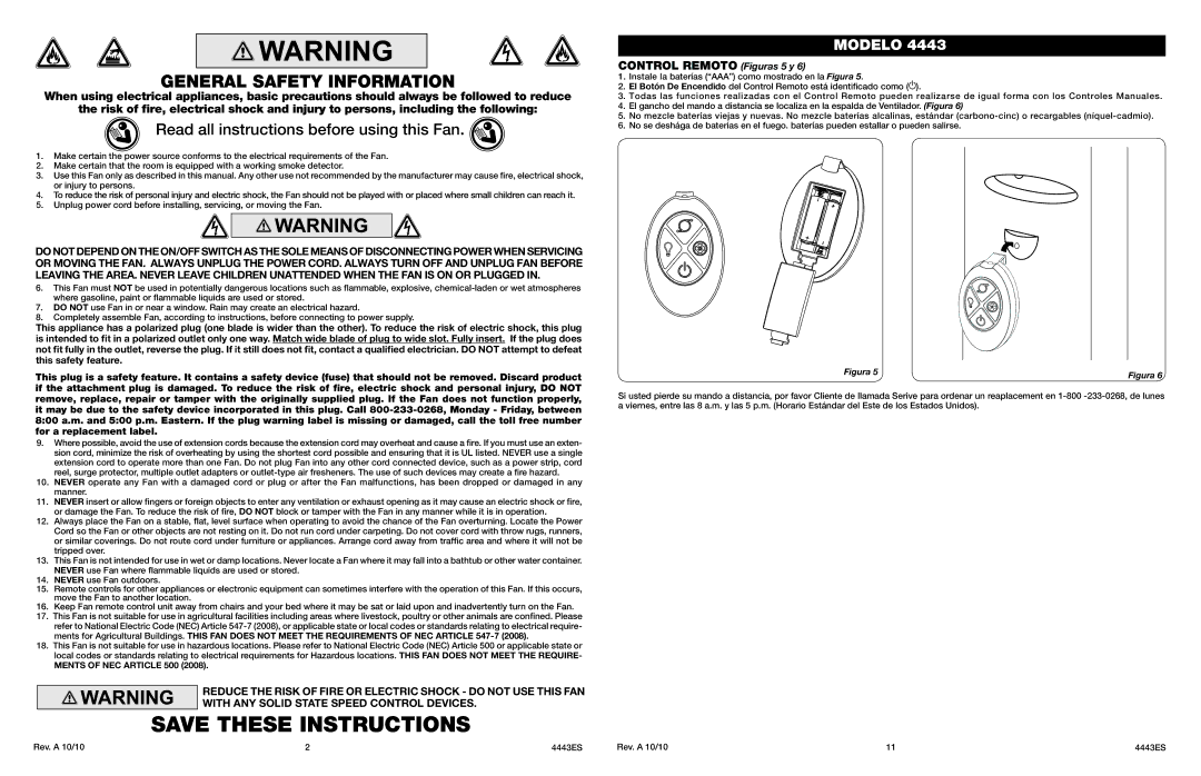 Lasko 4443 manual General Safety Information, Read all instructions before using this Fan, Control Remoto Figuras 5 y 