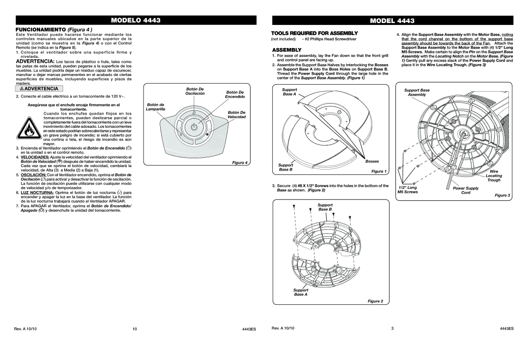 Lasko 4443 manual Funcionamiento Figura, Tools Required for Assembly 