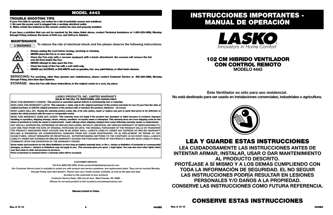 Lasko 4443 manual Instrucciones Importantes Manual DE Operación, LEA Y Guarde Estas Instrucciones, Trouble Shooting Tips 