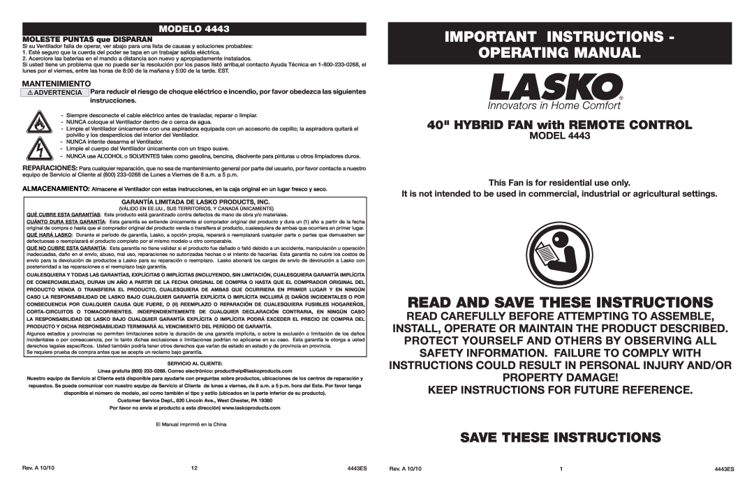 Lasko 4443 manual Important Instructions Operating Manual, Save These Instructions, HYBRID FAN with REMOTE CONTROL, Model 