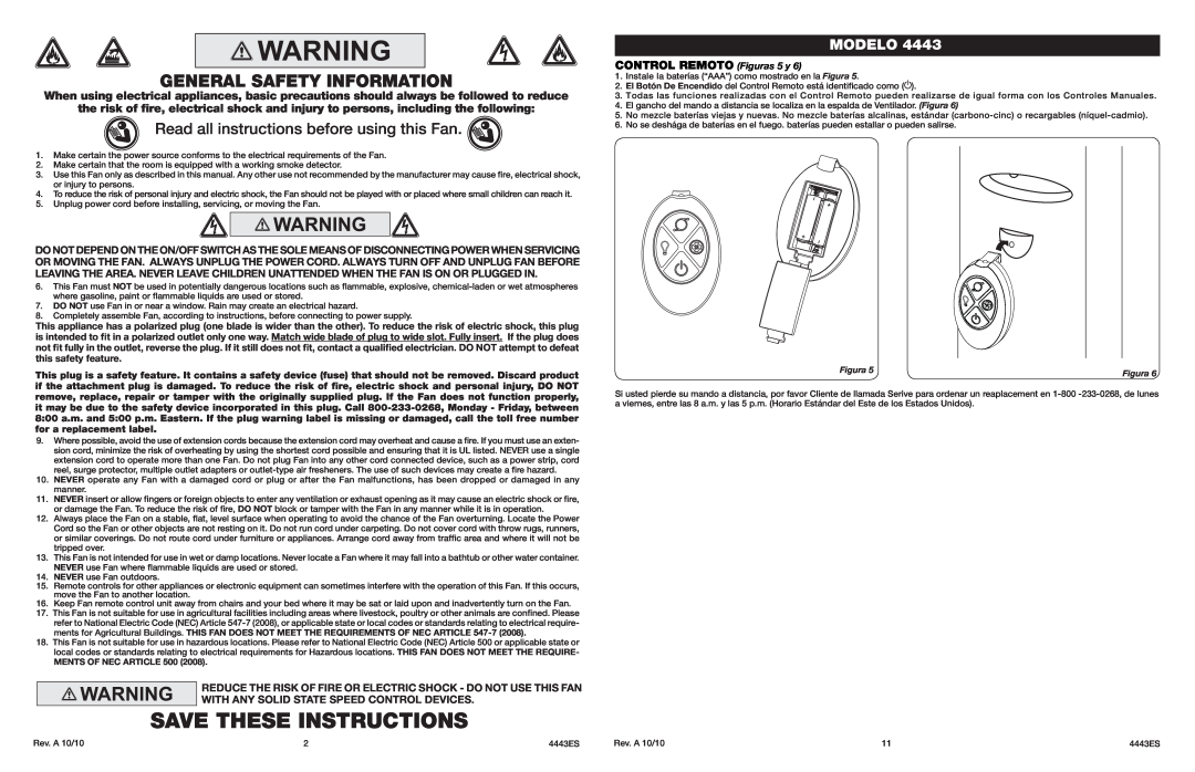 Lasko 4443 Save These Instructions, General Safety Information, Read all instructions before using this Fan, Modelo 