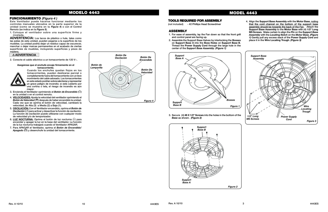 Lasko 4443 manual Modelo, FUNCIONAMIENTO Figura, Tools Required For Assembly, Velocidad, Wire, M5 Screws 