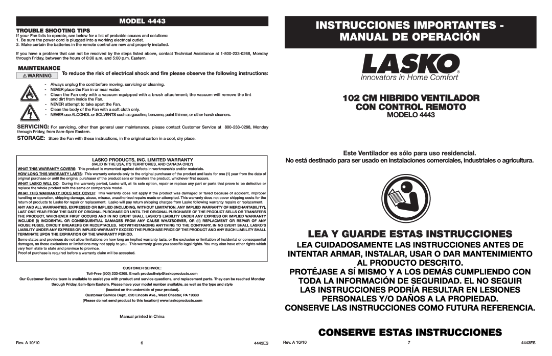 Lasko 4443 Instrucciones Importantes Manual De Operación, Lea Y Guarde Estas Instrucciones, Conserve Estas Instrucciones 