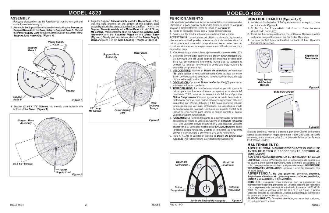 Lasko 4820 manual Assembly, Funcionamiento 