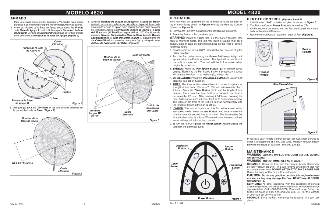 Lasko 4820 manual Armado, Operation, Maintenance 