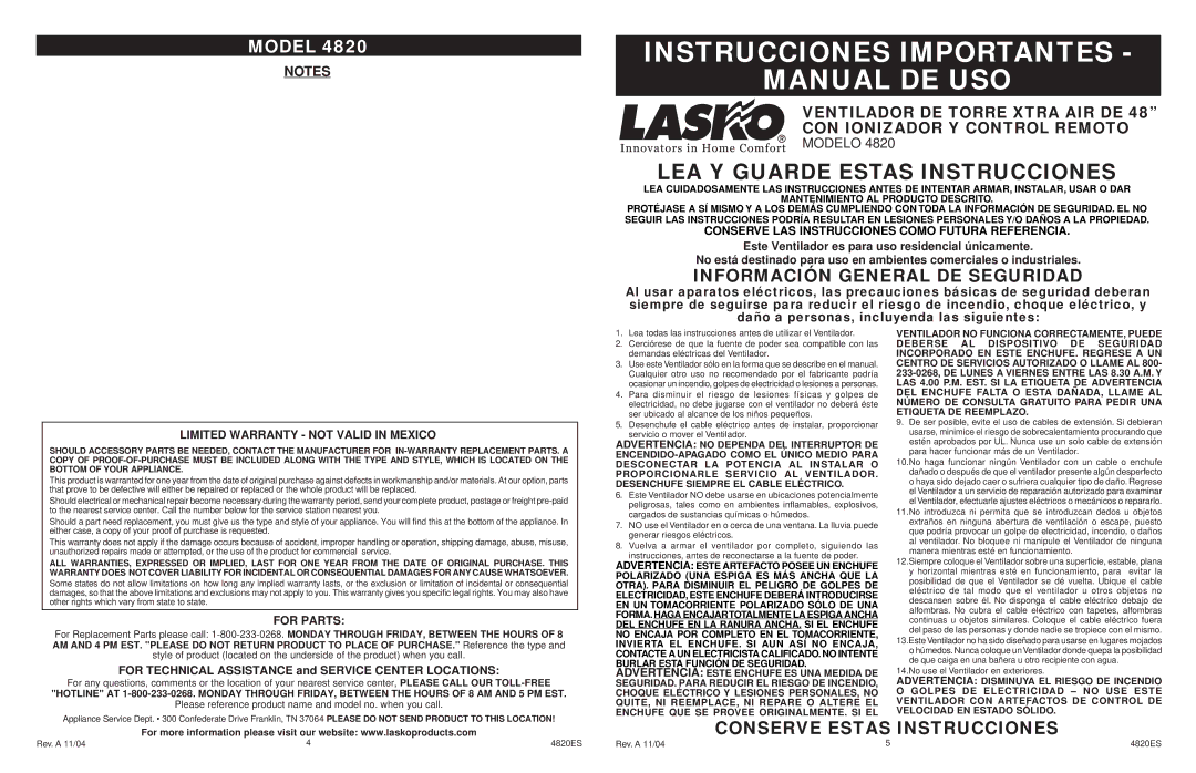 Lasko 4820 manual Limited Warranty not Valid in Mexico, For Parts 