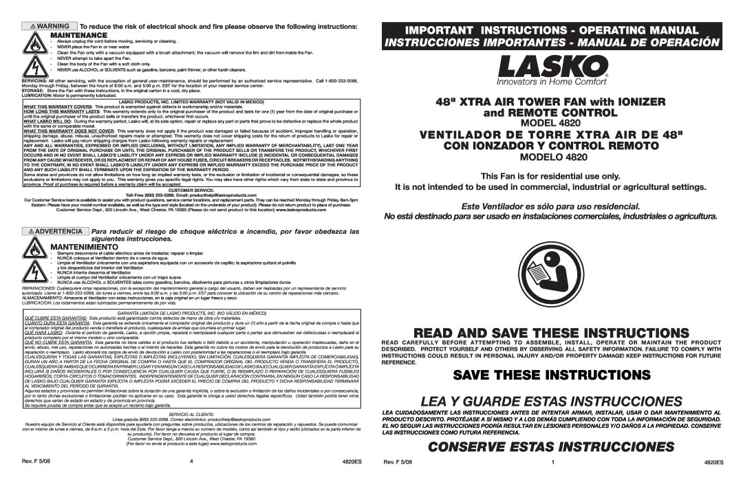 Lasko warranty Modelo, Maintenance, Rev. F 5/08, 4820ES, Read And Save These Instructions, Mantenimiento 