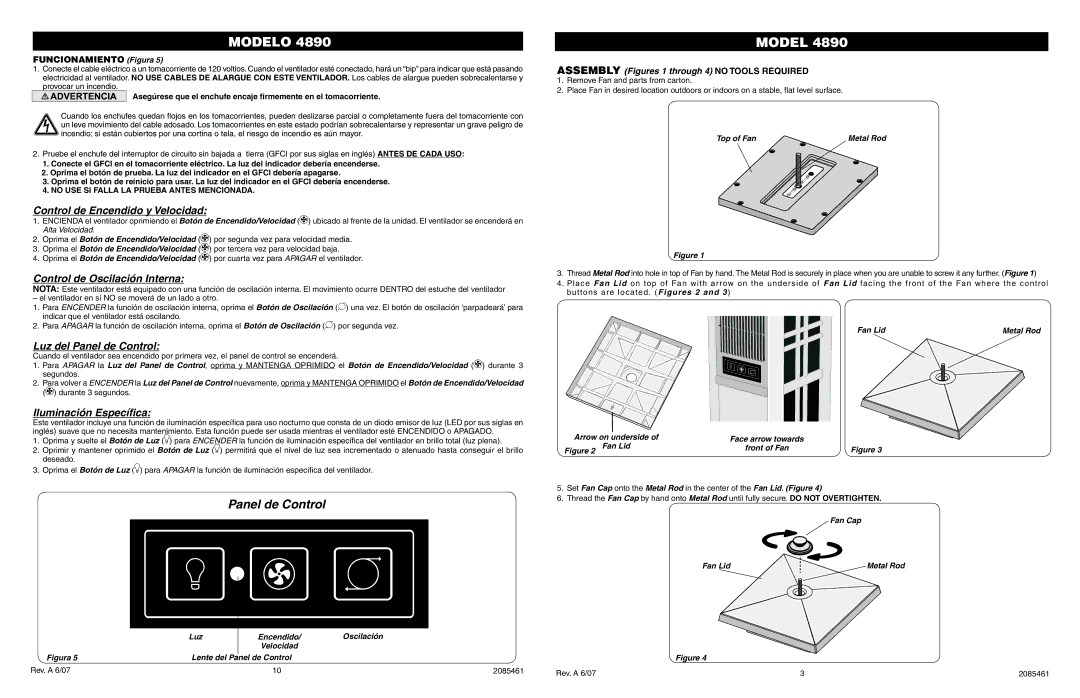 Lasko 4890 manual Model, Control de Encendido y Velocidad, Control de Oscilación Interna, Luz del Panel de Control 