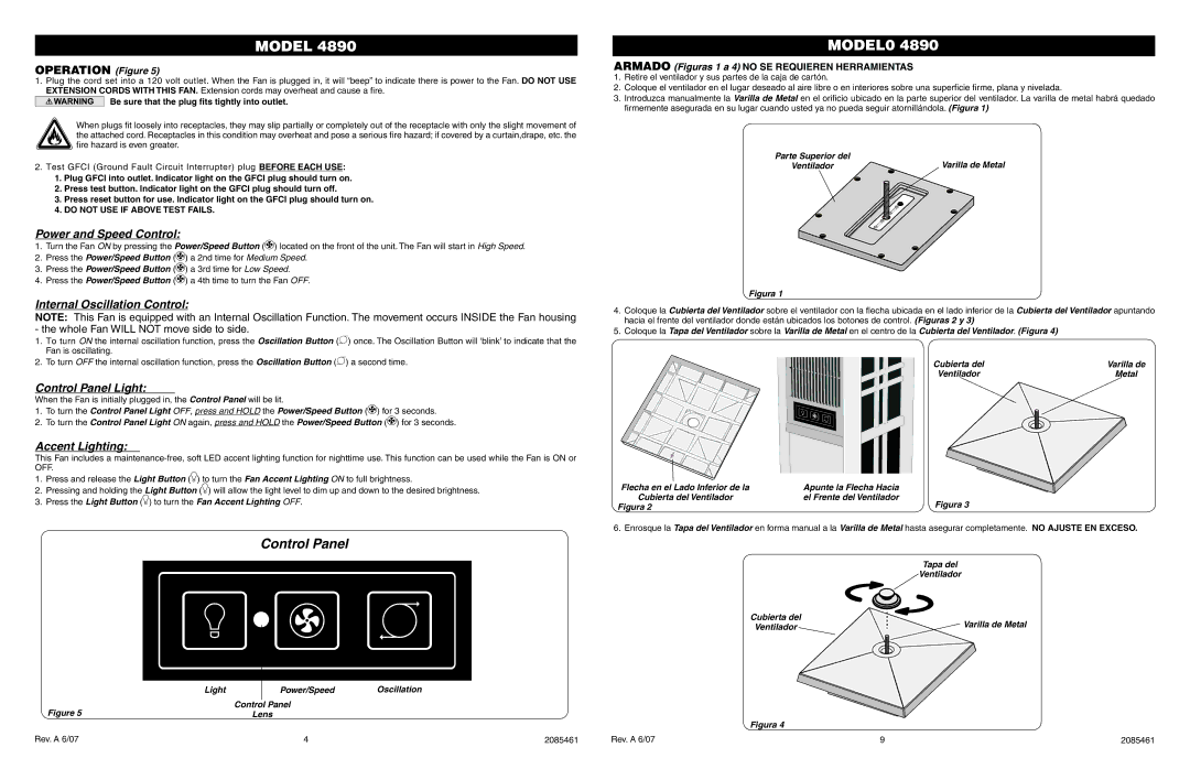 Lasko 4890 manual MODEL0, Power and Speed Control, Internal Oscillation Control, Control Panel Light, Accent Lighting 