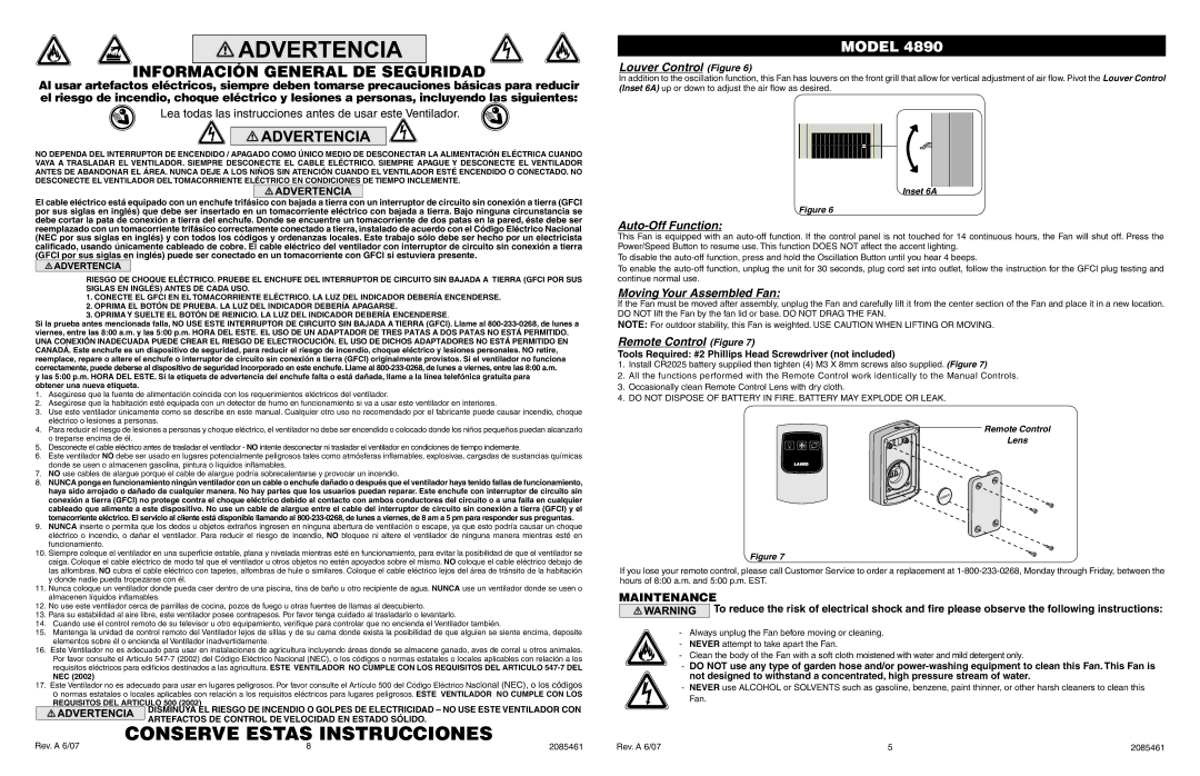 Lasko 4890 manual Información General DE Seguridad, Moving Your Assembled Fan, Remote Control Figure, Maintenance 