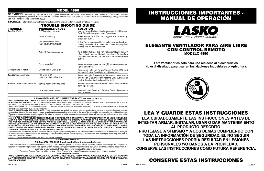 Lasko 4890 Instrucciones Importantes Manual DE Operación, Elegante Ventilador Para Aire Libre CON Control Remoto, Modelo 