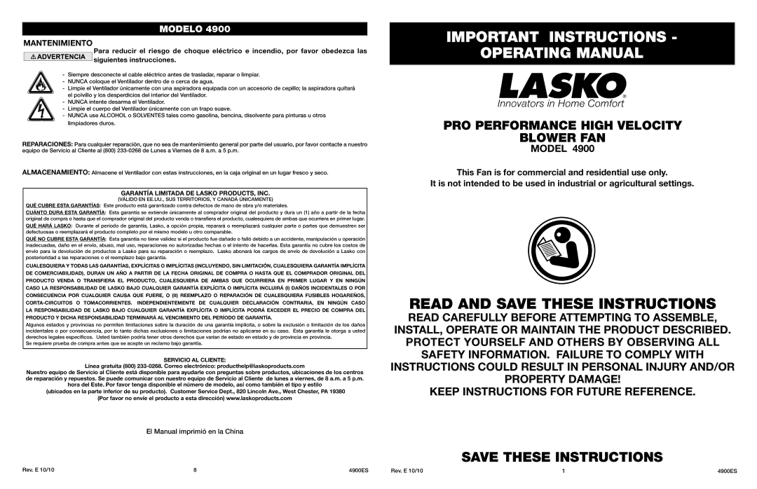 Lasko 4900 manual Important Instructions Operating Manual, PRO Performance High Velocity Blower FAN, Servicio AL Cliente 