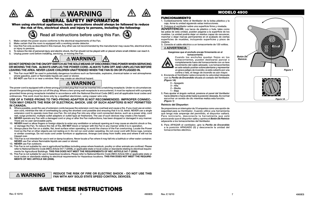 Lasko 4900 General Safety Information, Read all instructions before using this Fan, Funcionamiento, Reinicio del Disyuntor 