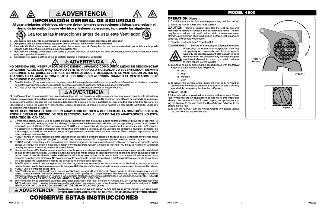 Lasko 4900 manual Conserve Estas Instrucciones, Información General DE Seguridad, Breaker Reset 