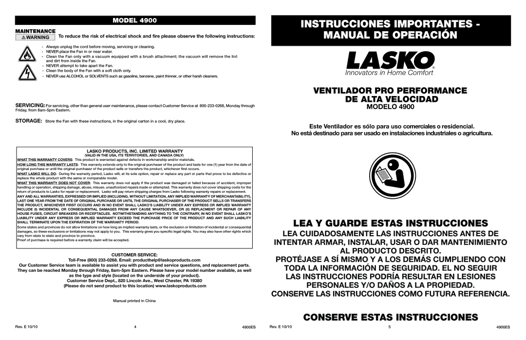 Lasko 4900 manual Instrucciones Importantes Manual DE Operación, LEA Y Guarde Estas Instrucciones, Maintenance 