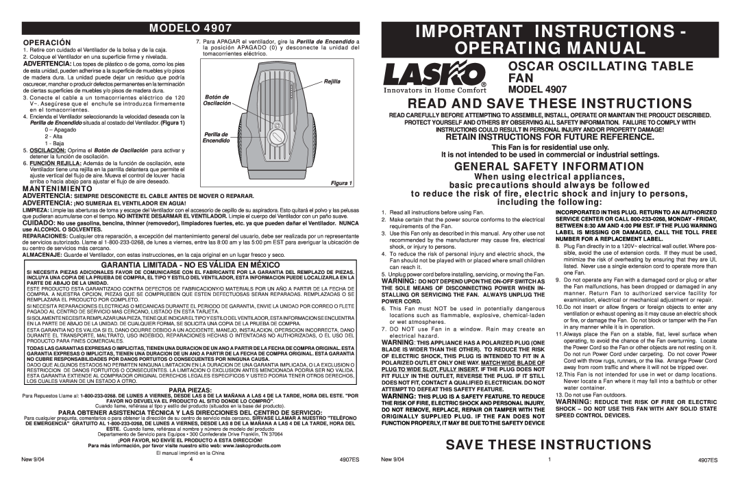 Lasko 4907ES manual Important Instructions, Operating Manual, Read And Save These Instructions, Modelo, Operación 