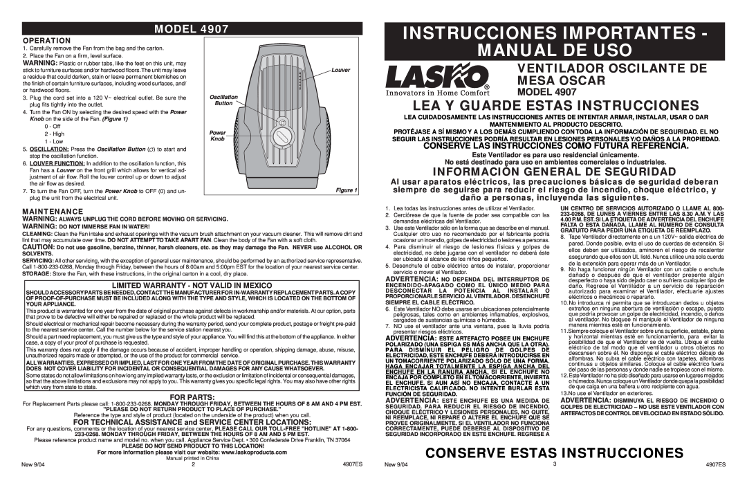 Lasko 4907ES Instrucciones Importantes, Manual De Uso, Lea Y Guarde Estas Instrucciones, Model, Operation, Maintenance 