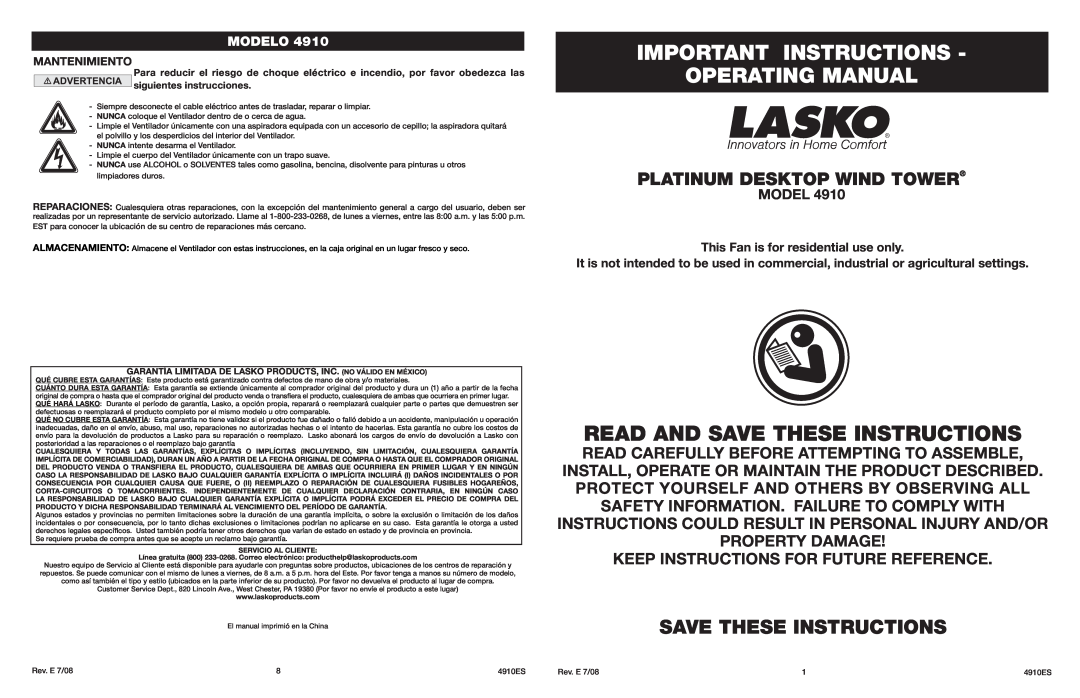 Lasko 4910 manual Important Instructions Operating Manual, Save These Instructions, Platinum Desktop Wind Tower, Model 