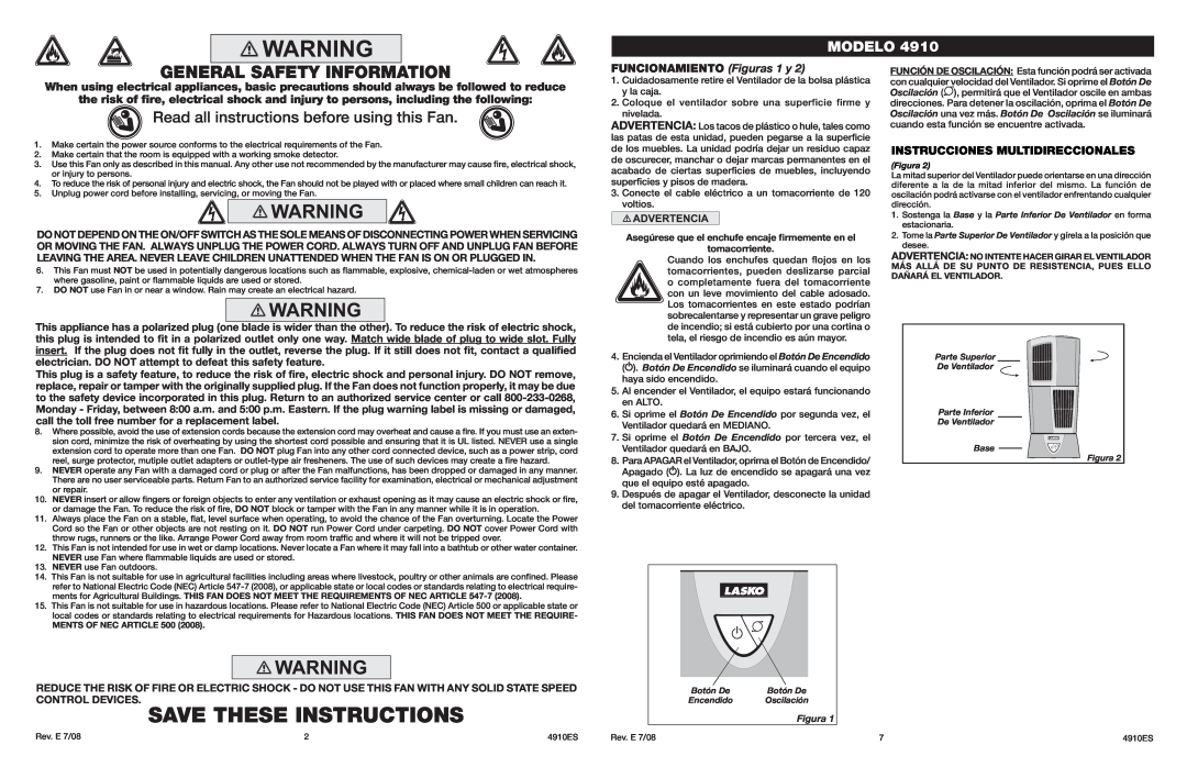 Lasko 4910 General Safety Information, Read all instructions before using this Fan, Modelo, FUNCIONAMIENTO Figuras 1 y 