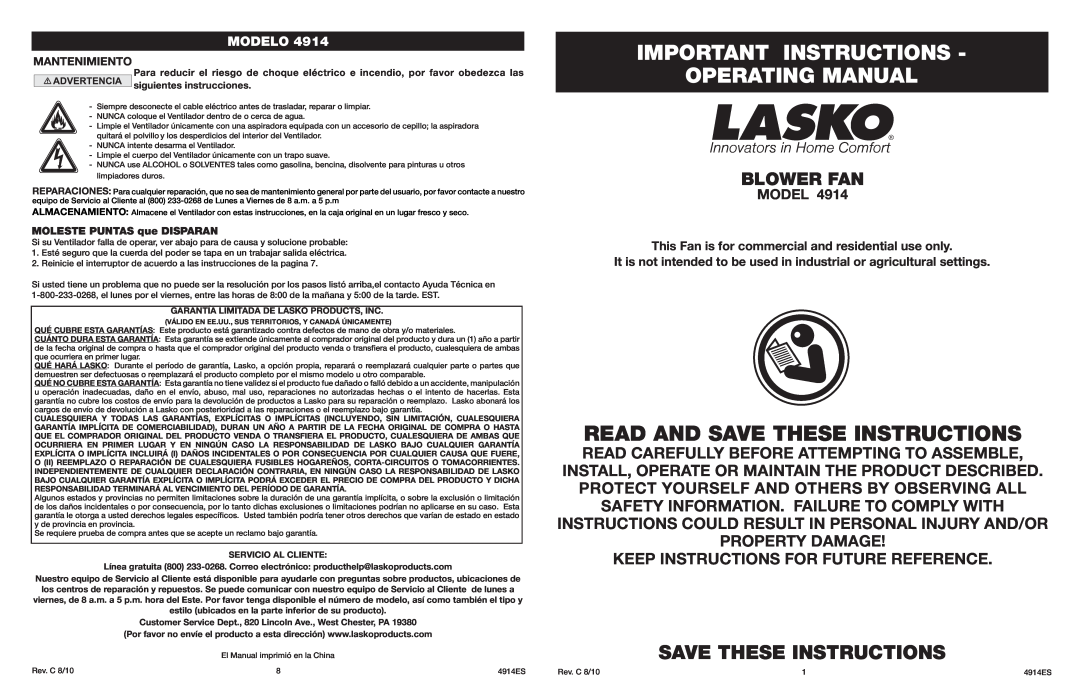 Lasko 4914 manual Important Instructions Operating Manual, Save These Instructions, Blower Fan, Modelo 