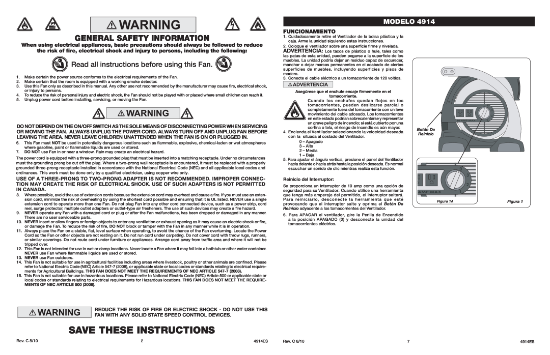 Lasko 4914 manual Save These Instructions, General Safety Information, Read all instructions before using this Fan, Modelo 