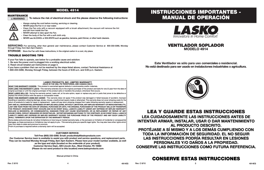Lasko 4914 manual Instrucciones Importantes Manual De Operación, Lea Y Guarde Estas Instrucciones, Ventilador Soplador 