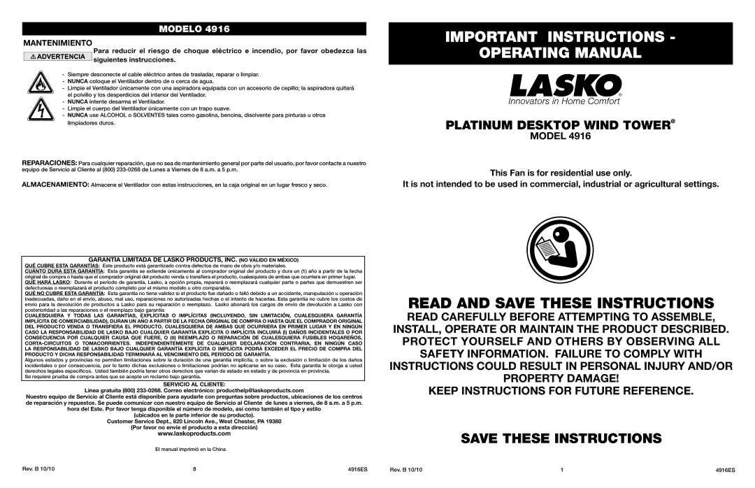 Lasko 4916 manual Important Instructions Operating Manual, Platinum Desktop Wind Tower, Servicio AL Cliente 