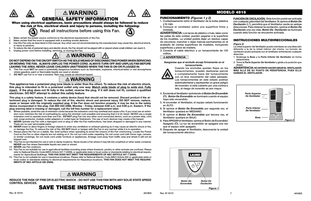 Lasko 4916 manual General Safety Information, Read all instructions before using this Fan, Instrucciones Multidireccionales 