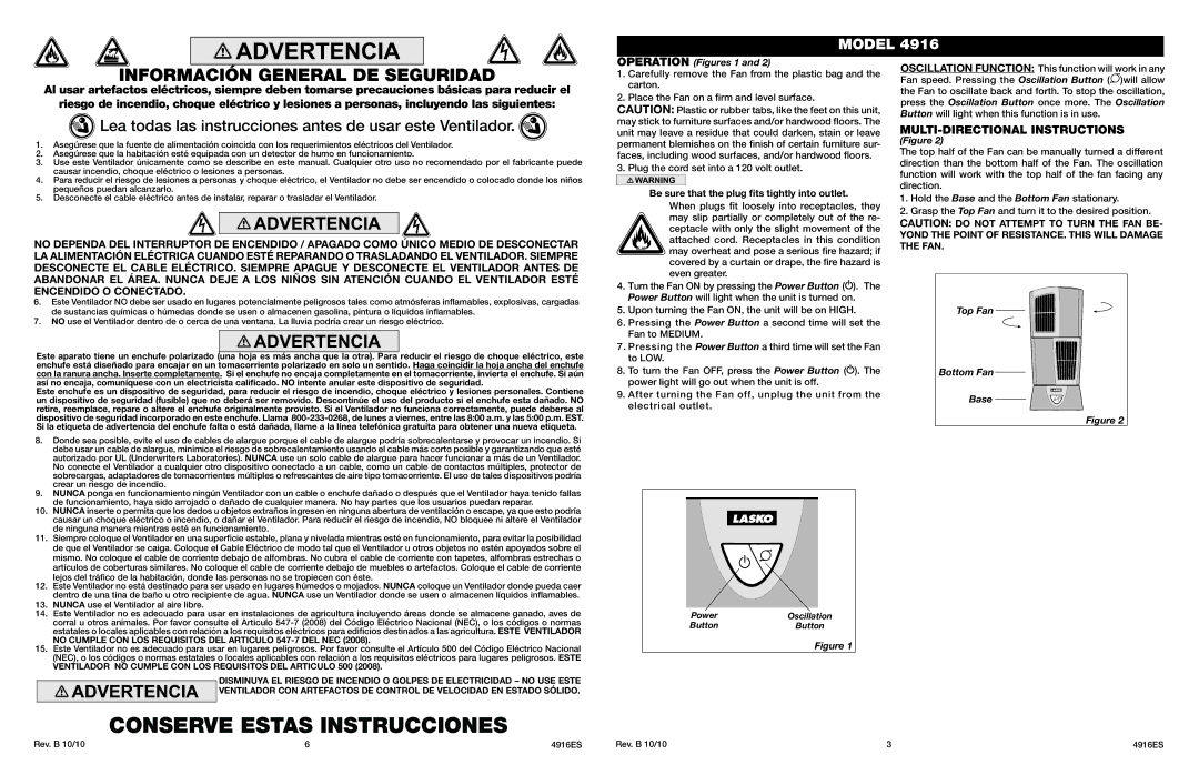 Lasko 4916 manual Conserve Estas Instrucciones, Información General DE Seguridad, MULTI-DIRECTIONAL Instructions 