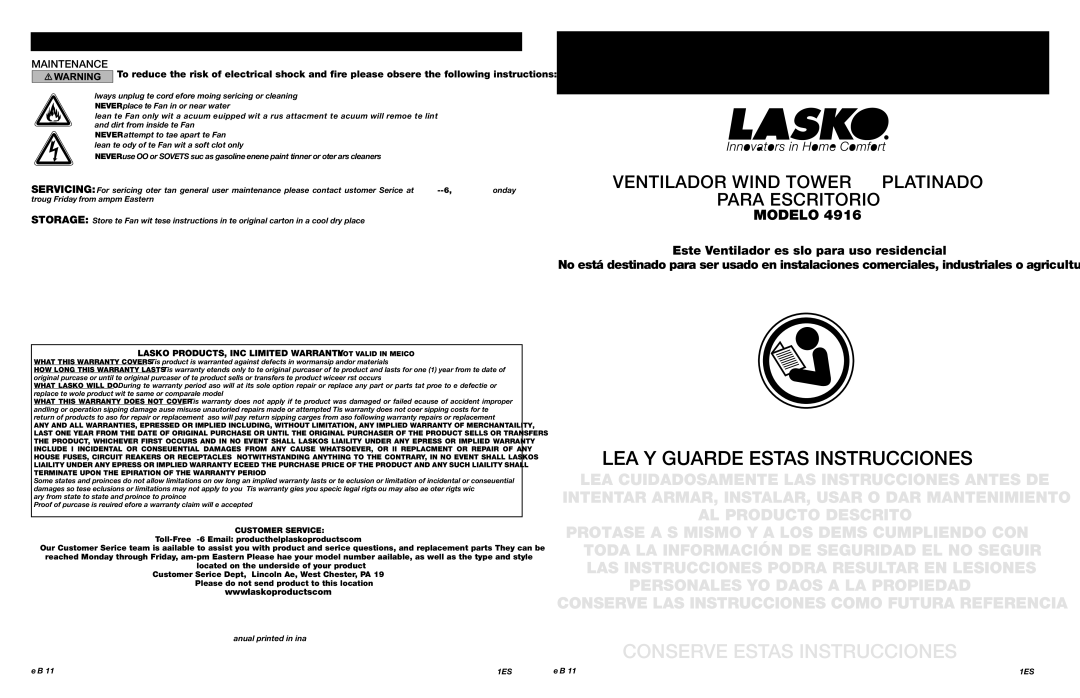 Lasko 4916 Instrucciones Importantes Manual DE Operación, LEA Y Guarde Estas Instrucciones, Maintenance, Customer Service 