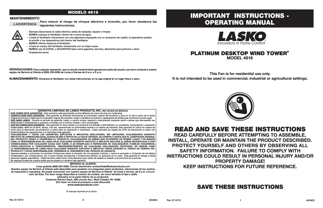 Lasko 4916 manual Important Instructions Operating Manual, Save These Instructions, Platinum Desktop Wind Tower, Model 