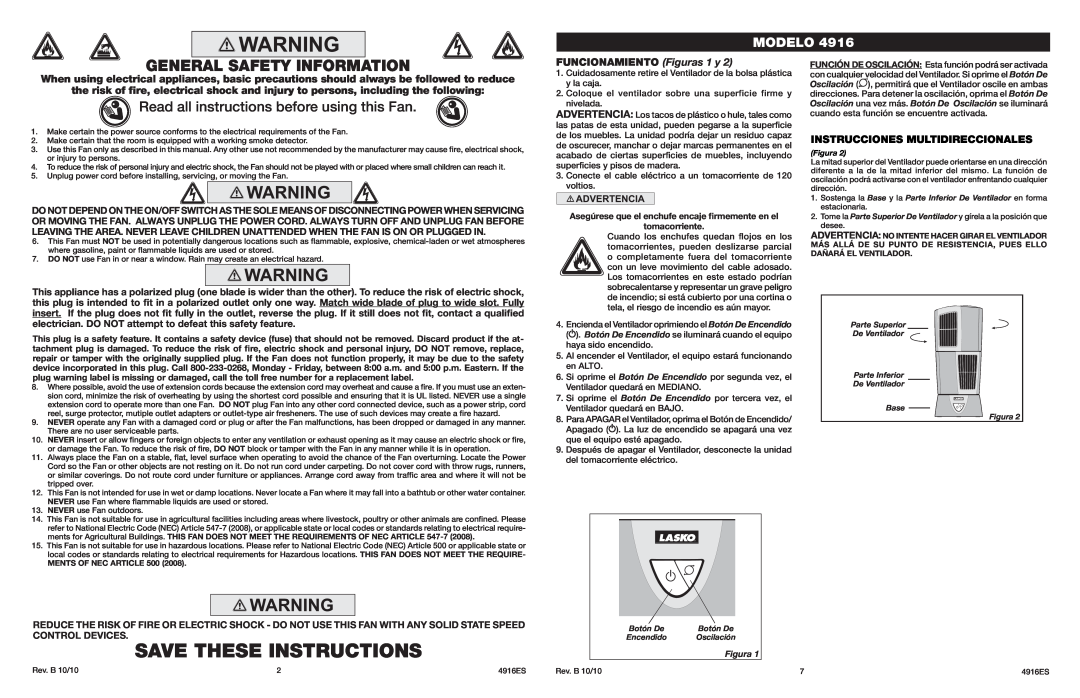 Lasko 4916 manual Save These Instructions, Read all instructions before using this Fan, Modelo, FUNCIONAMIENTO Figuras 1 y 