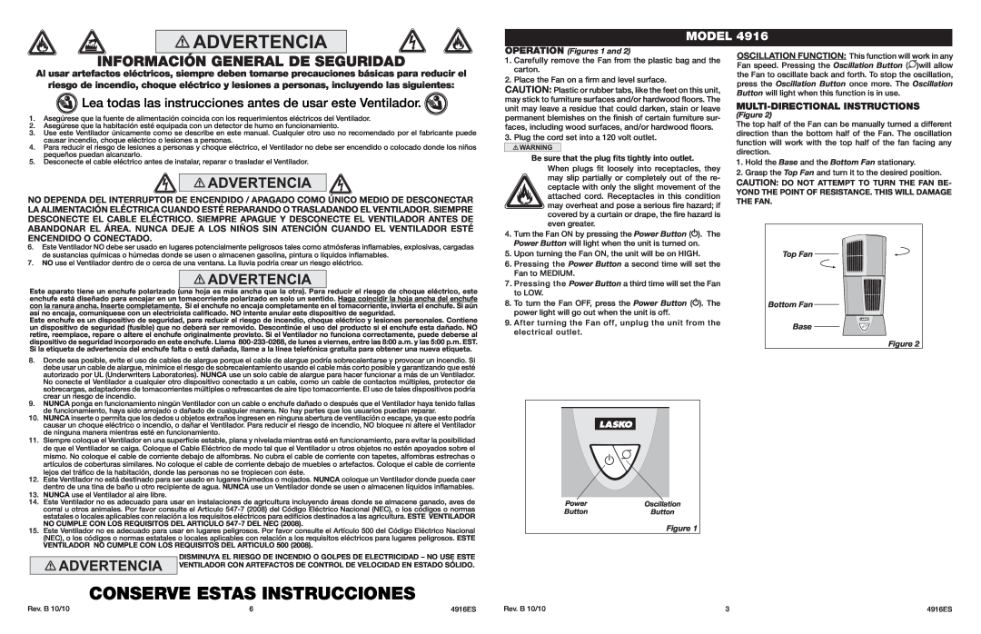 Lasko 4916 manual Conserve Estas Instrucciones, Lea todas las instrucciones antes de usar este Ventilador, Model 