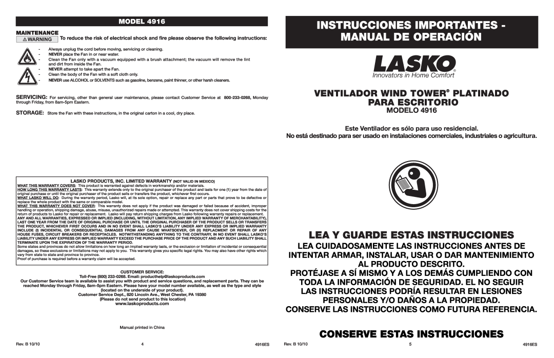 Lasko 4916 Instrucciones Importantes Manual De Operación, Lea Y Guarde Estas Instrucciones, Conserve Estas Instrucciones 